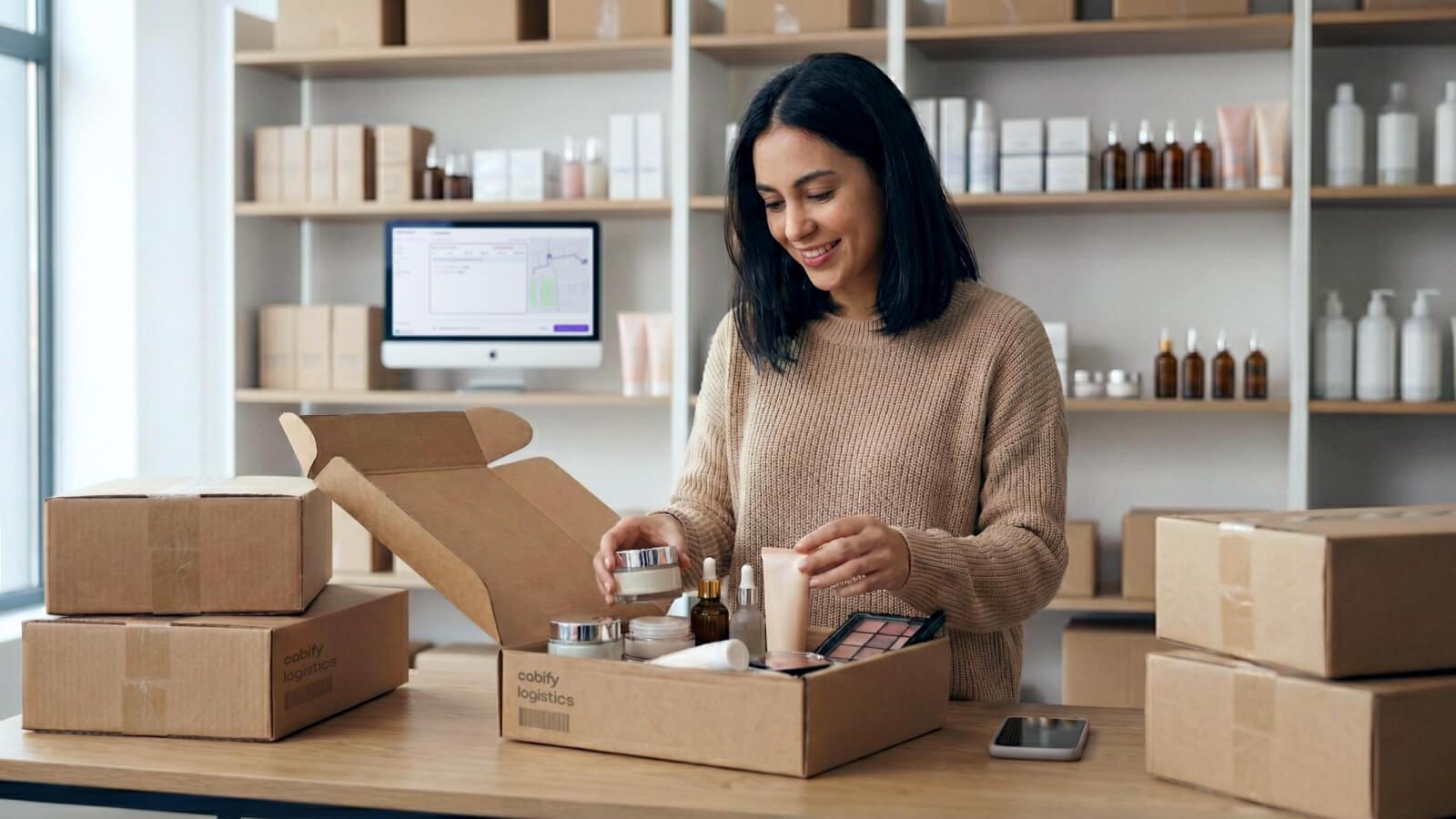 Mujer embalando paquetería de su negocio