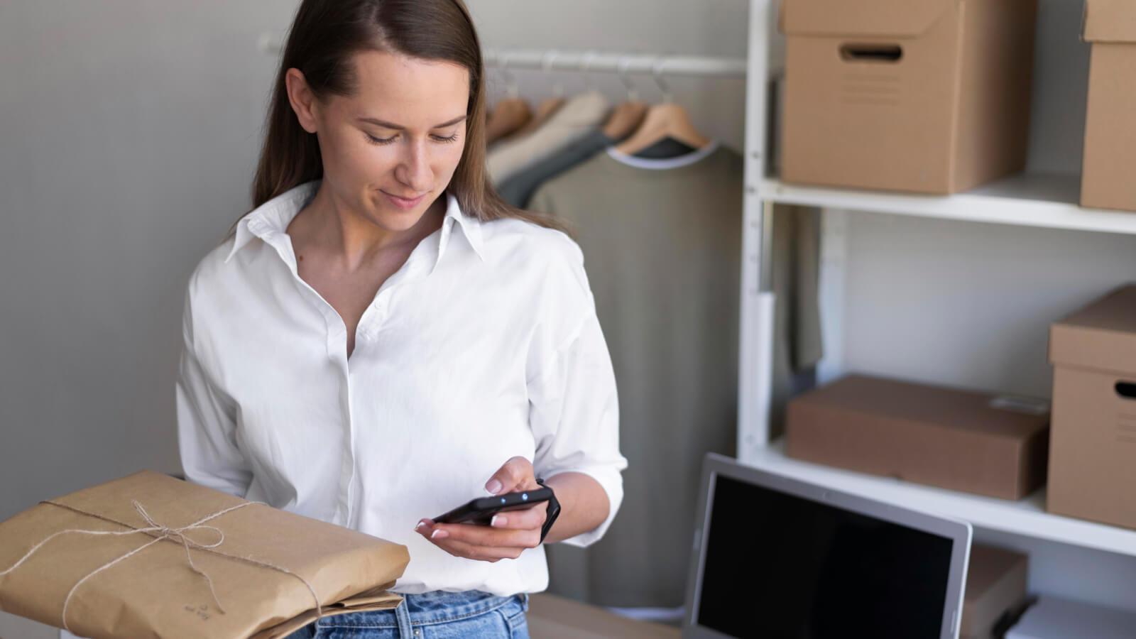 Dueña de un ecommerce revisando notificaciones en su celular mientras prepara un paquete para enviar