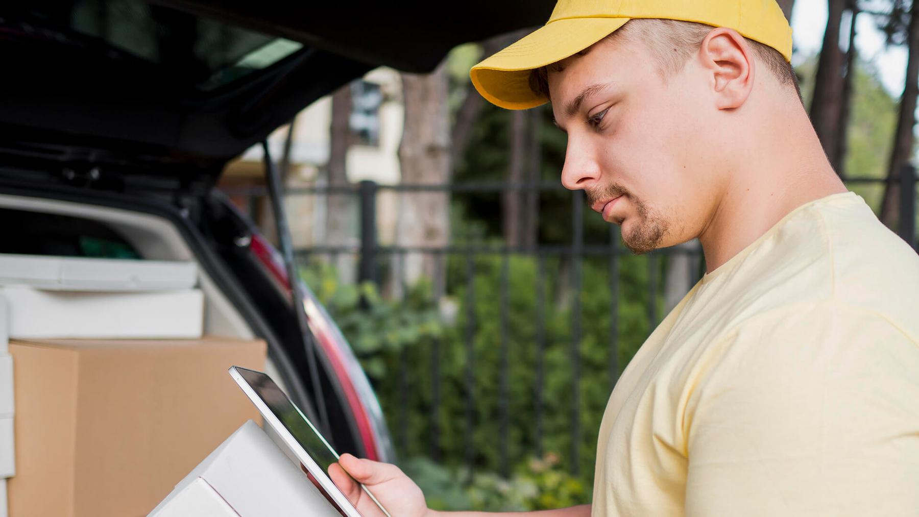 Hombre entregando paquete empresarial