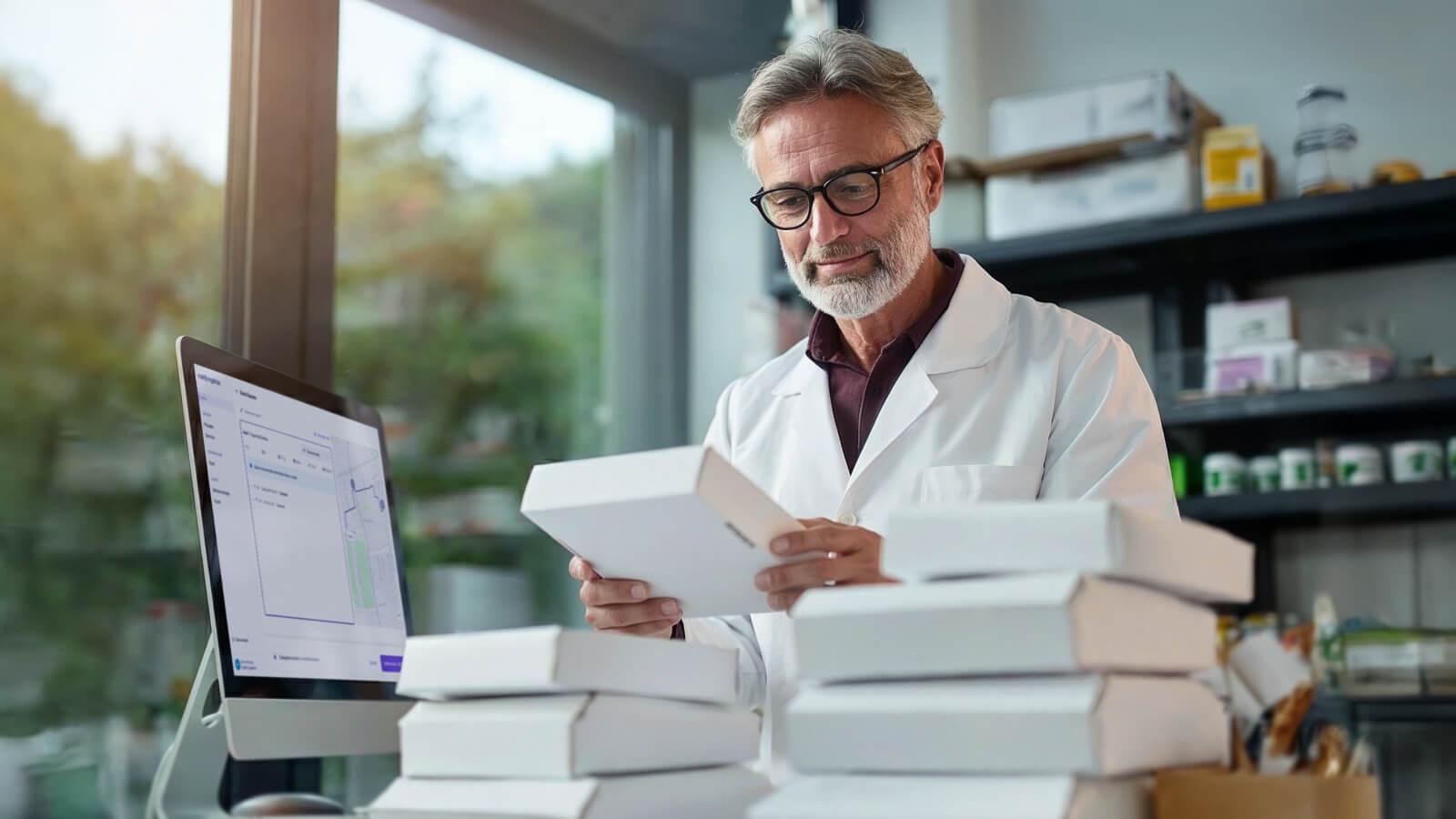 Farmacéutico preparando paquetes a enviar mientras vigila el envío del día
