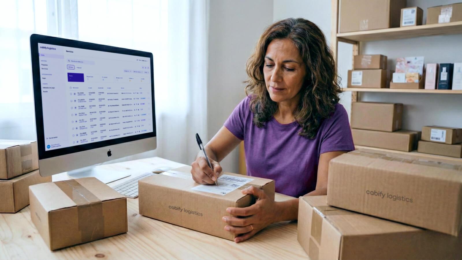 Mujer etiquetando paquetes en una estrategia de envíos de cross dock