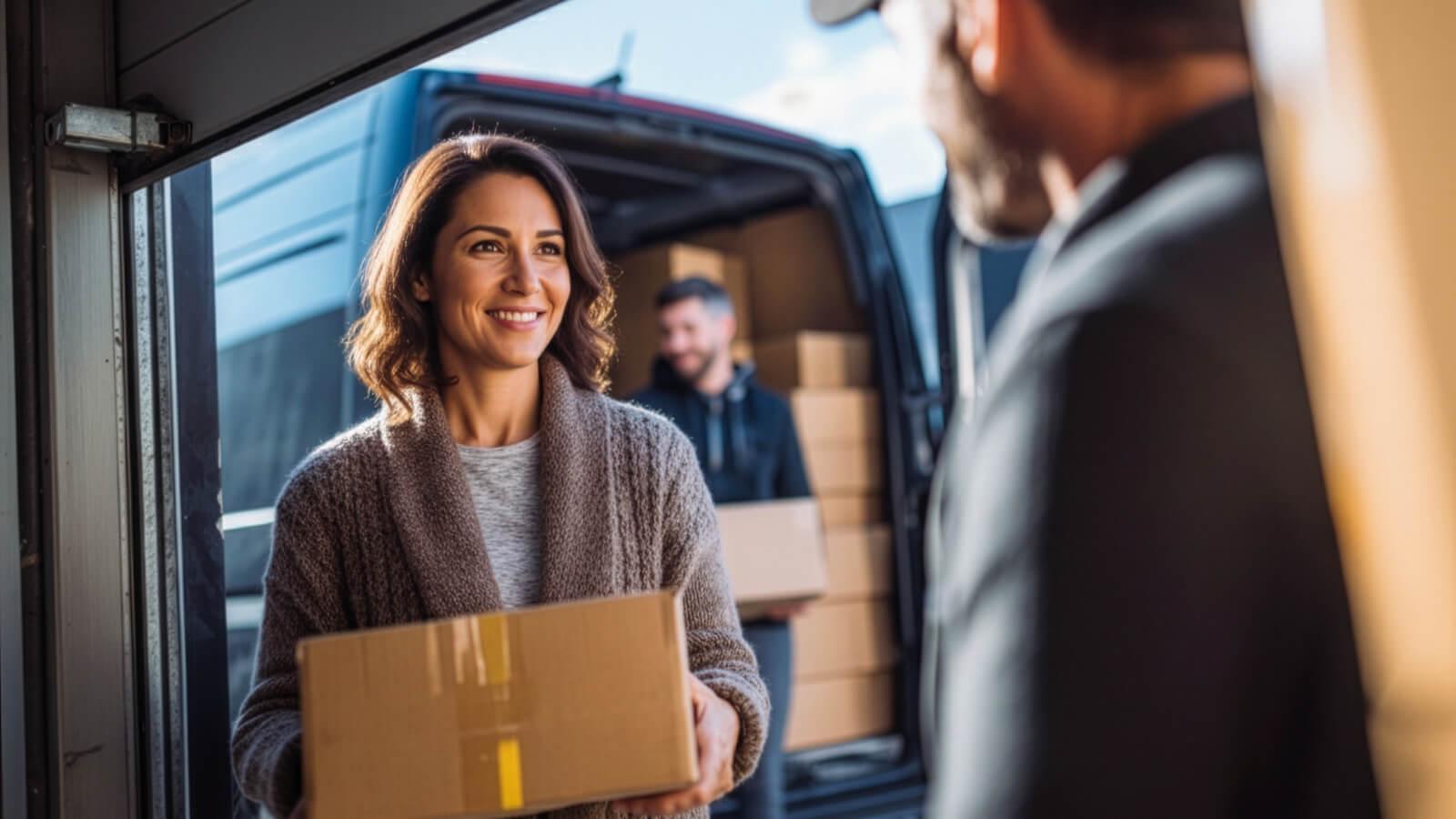 Una mujer dueña de un ecommerce controlando la carga de su mercadería, mientras la entrega al repartidor de Cabify Logistics