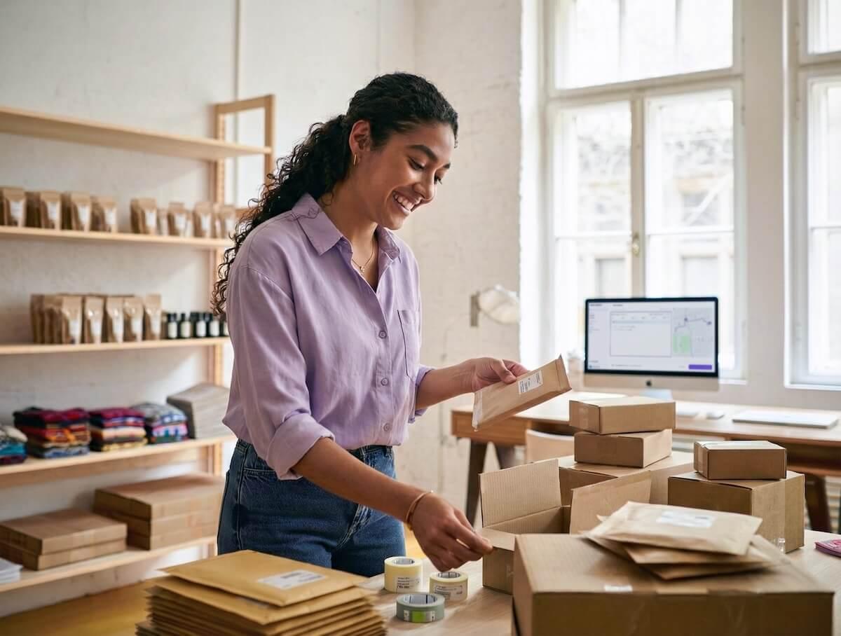 Mujer preparando pedidos para ser enviados