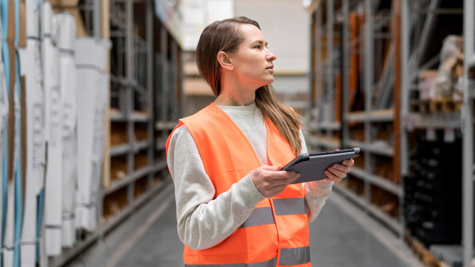 Mujer revisando stock en un depósito utilizando tecnología