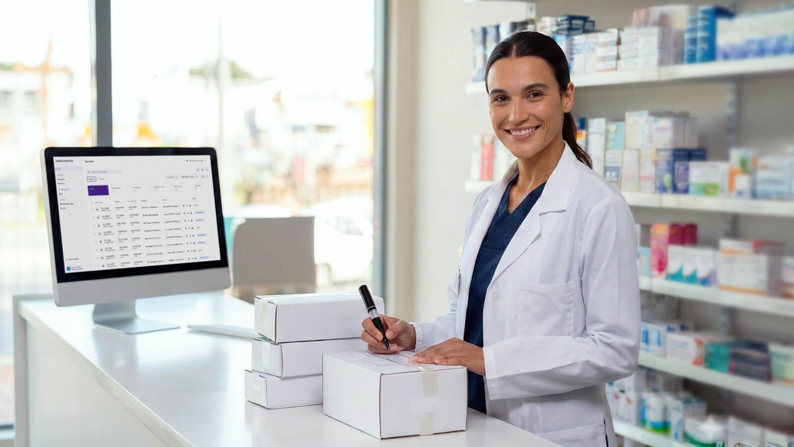 vendedor farmacéutico preparando entregas a ser enviadas